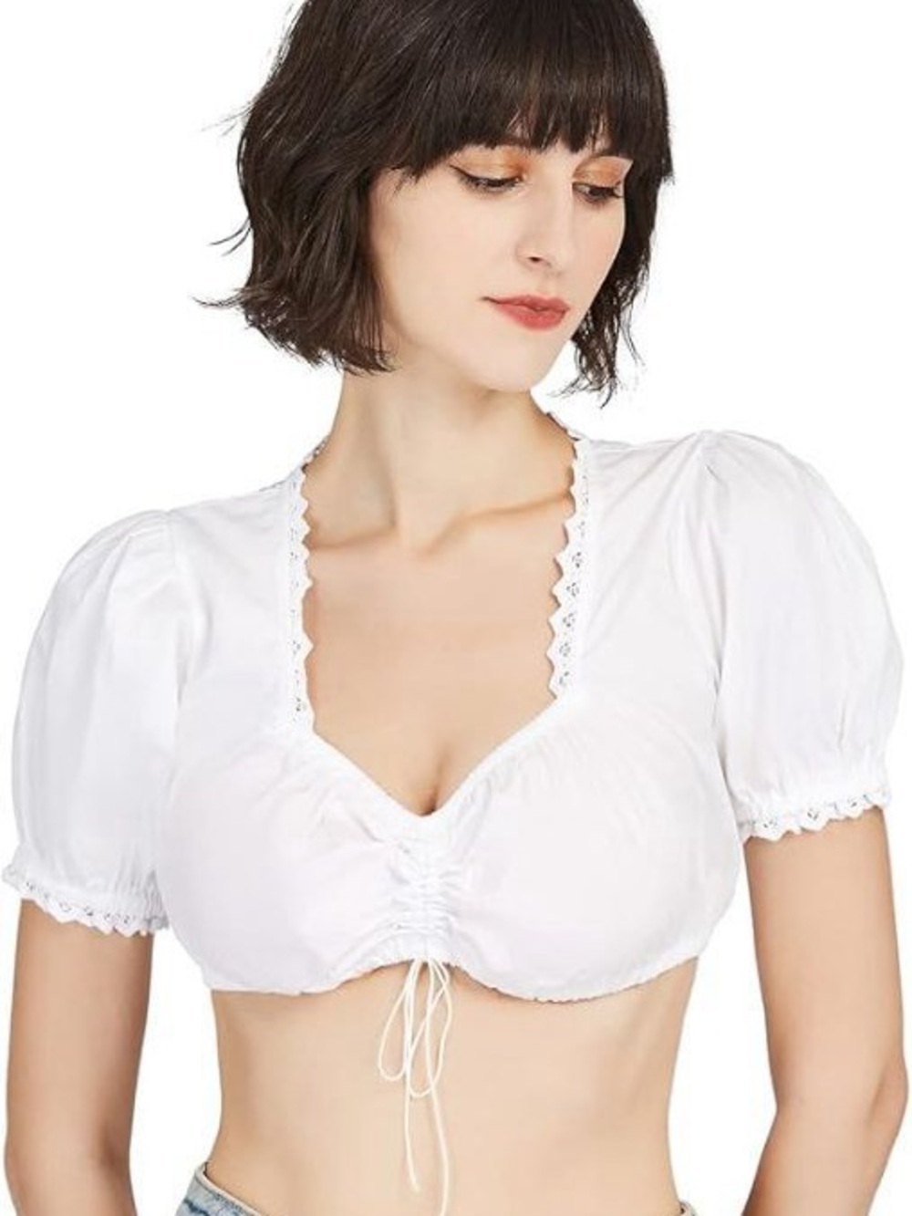 White Women's Puff Sleeve Crop Blouse with Lace Trim